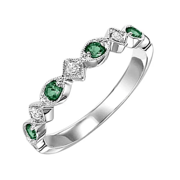 Solitaire engagement rings for women-10K White Gold Emerald Diamond Stackable Ring