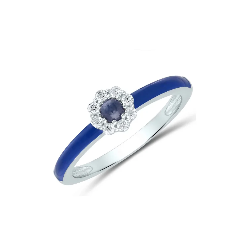 Engagement rings with pink diamonds for women-Blue Sapphire and Diamond Flower Ring, 14K White Gold