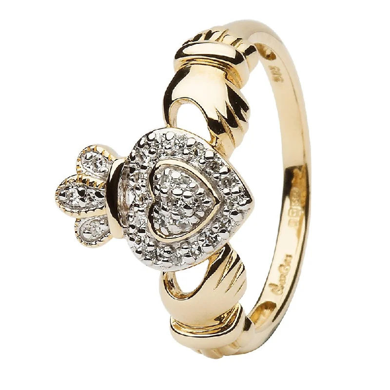 Round diamond engagement rings for women-Ladies 14K Yellow Gold Claddagh Ring Encrusted With Diamonds - SL-14L83