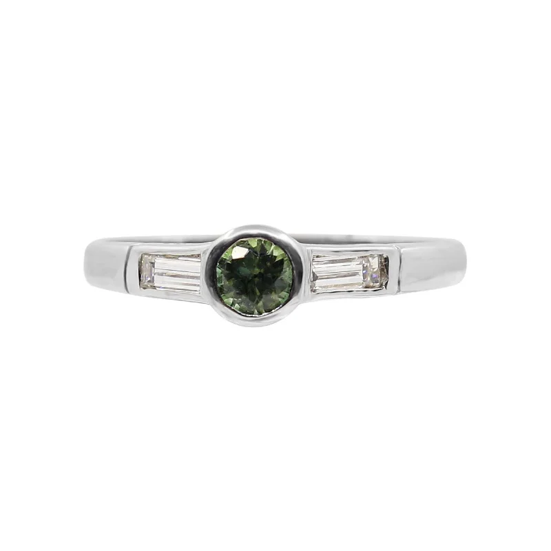 Luxury engagement rings for women-White Gold Tube Set Ring with Green Tourmaline and Baguette Diamonds