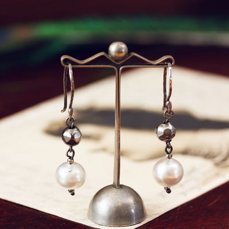 Big earrings for women-Cut Steel and Hand Blown Glass Pearl Earrings