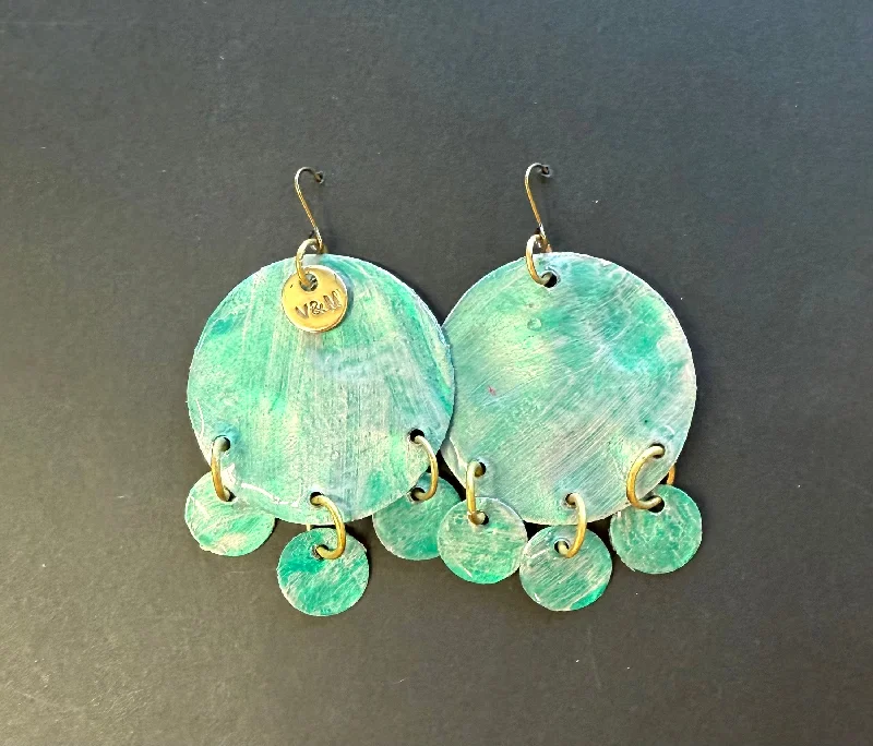 Gold stud earrings for women-Dichroic green 3 circles