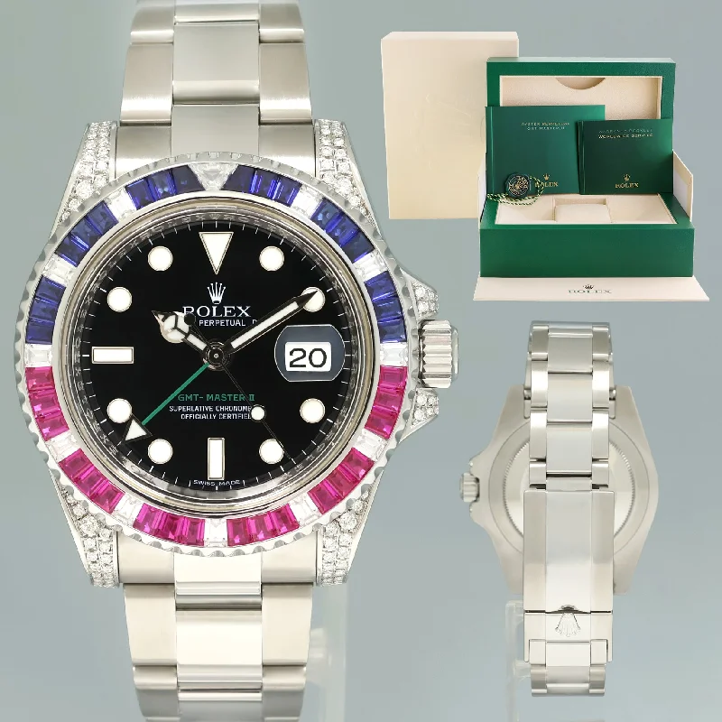 Solar-powered wristwatches-2015 MINT Diamond Ruby & Sapphire Rolex GMT Master II 116710 Steel 40mm Black Watch