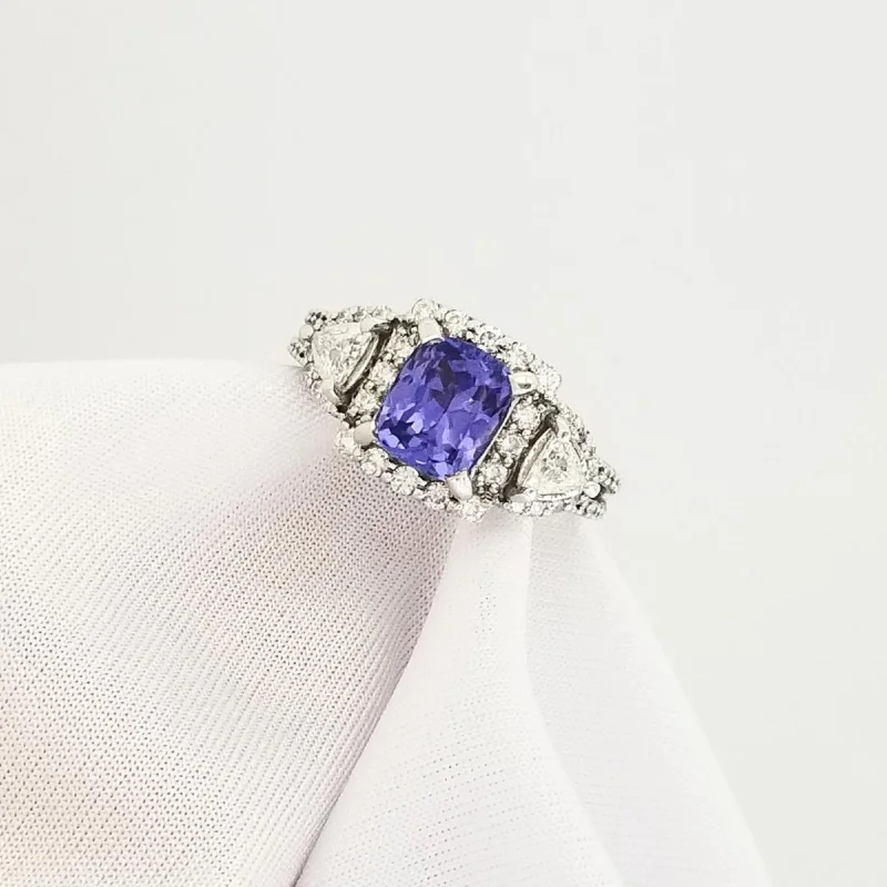 Custom engagement rings for women-White Gold Diamond and Cushion Tanzanite Ring