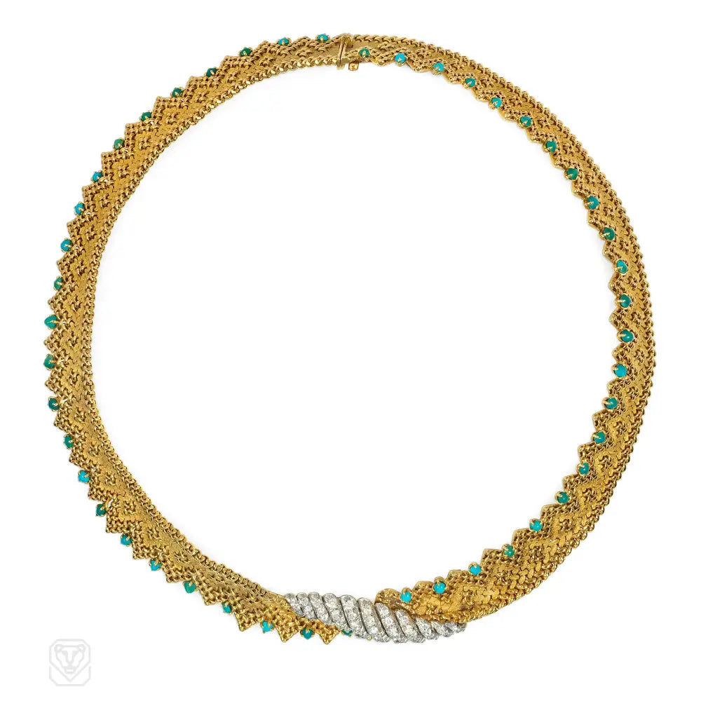 Colored gemstone necklace for women-Georges Lenfant french gold turquoise and diamond necklace