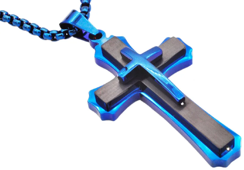 Stylish pendant necklace for women-Mens Black And Blue Plated Stainless Steel Cross Pendant Necklace