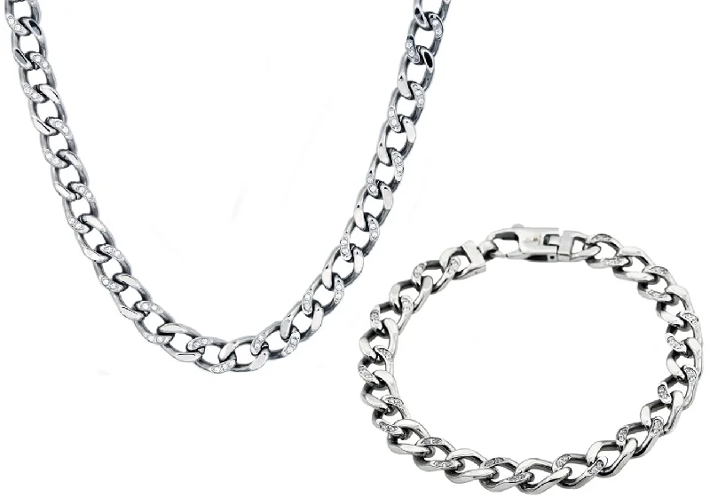 Vintage-inspired necklace for women-Mens Stainless Steel Curb Link Chain Set With Cubic Zirconia