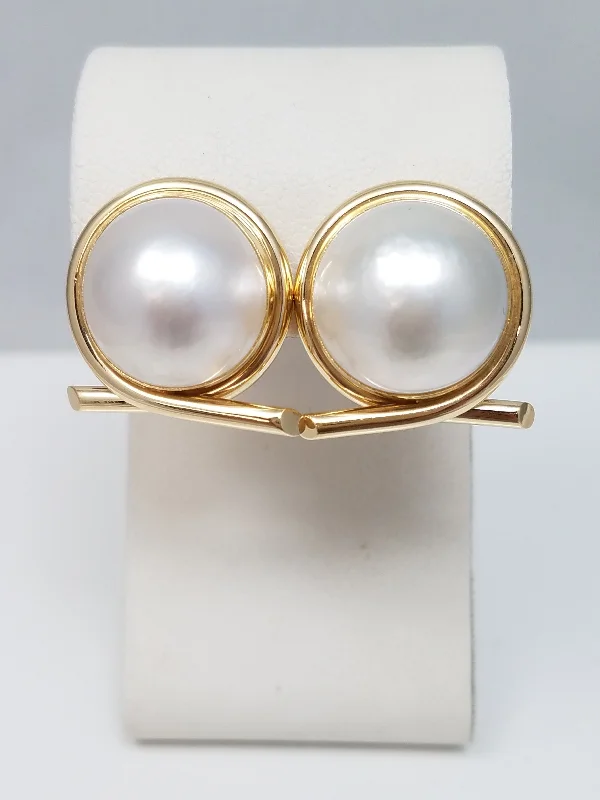 Designer earrings for women-Large 14k Yellow Gold Cultured Mabe Pearl Earrings