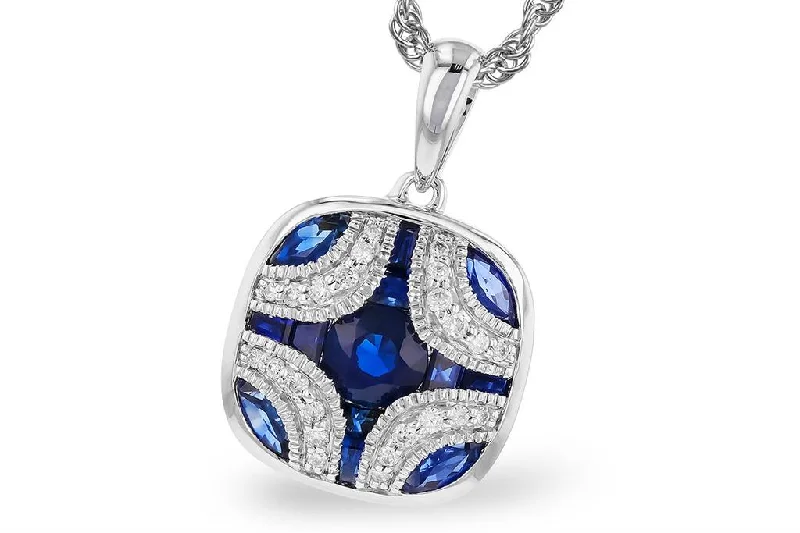 Trendy necklace for women-14K White Gold 0.97ctw Blue Sapphire & Diamond Art Deco Inspired Necklace by Allison Kaufman