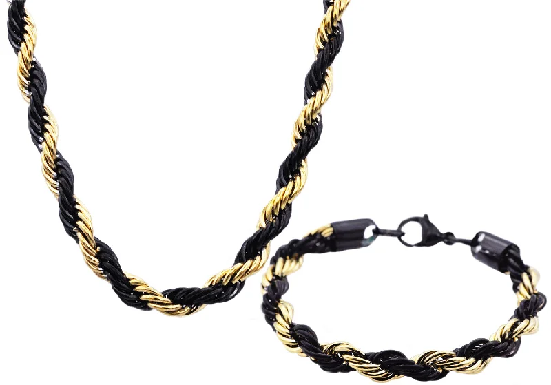 Long gold necklace for women-Mens Black And Gold Stainless Steel Rope Link Chain Set