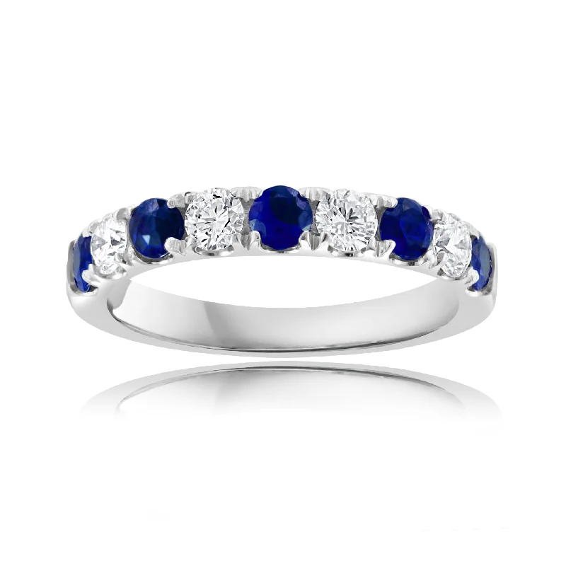 Halo engagement rings for women-14K White Gold Blue Sapphire and Diamond Alternating Band