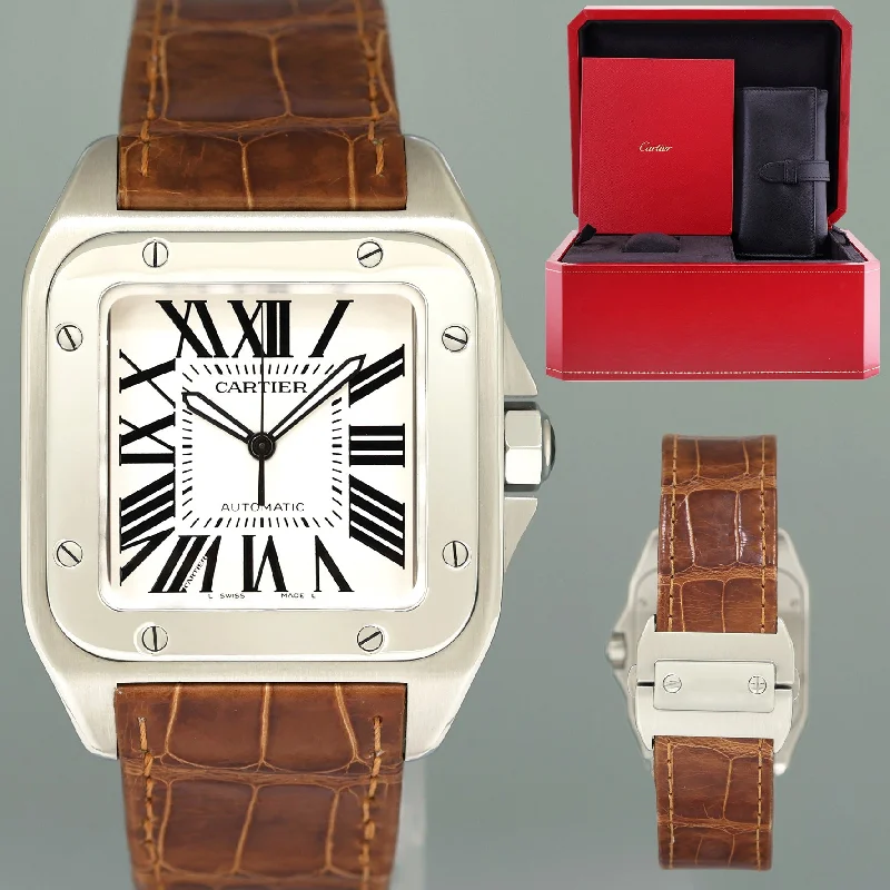 Wristwatches with alarm function-Papers Cartier Santos 100 XL Automatic Steel 2656 Roman Dial W20072X7