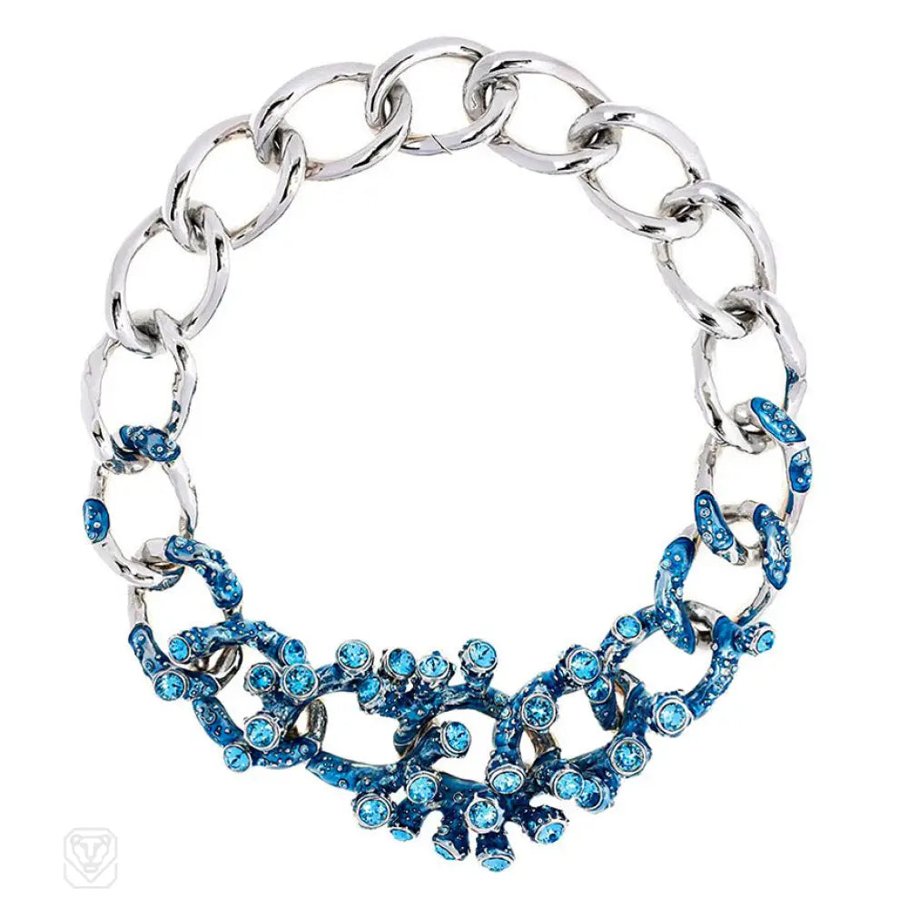 Romantic necklace for women-Blue crystal and enamel coral motif necklace