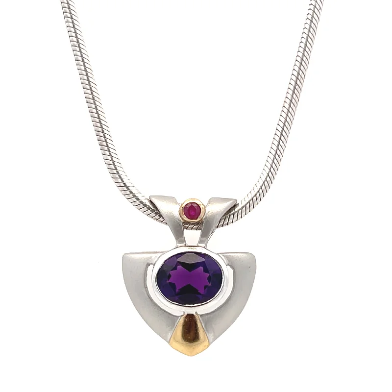 Birthstone charm necklace for women-Estate Sterling Silver 2.54ctw Oval Amethyst & Synthetic Ruby Necklace