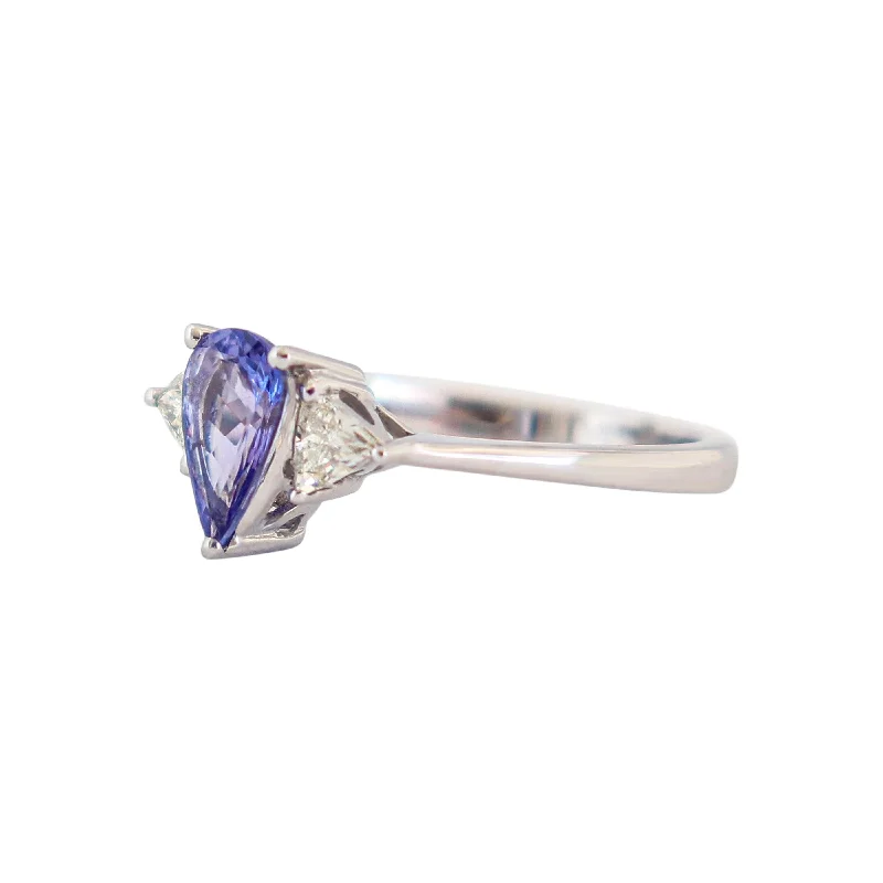 Luxury diamond engagement rings for women-White Gold Pear Tanzanite and Trillion Diamond Trilogy Ring