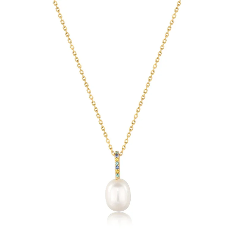 Opal necklace for women-Gold Plated Nano Gem & Pearl Drop Necklace by Ania Haie