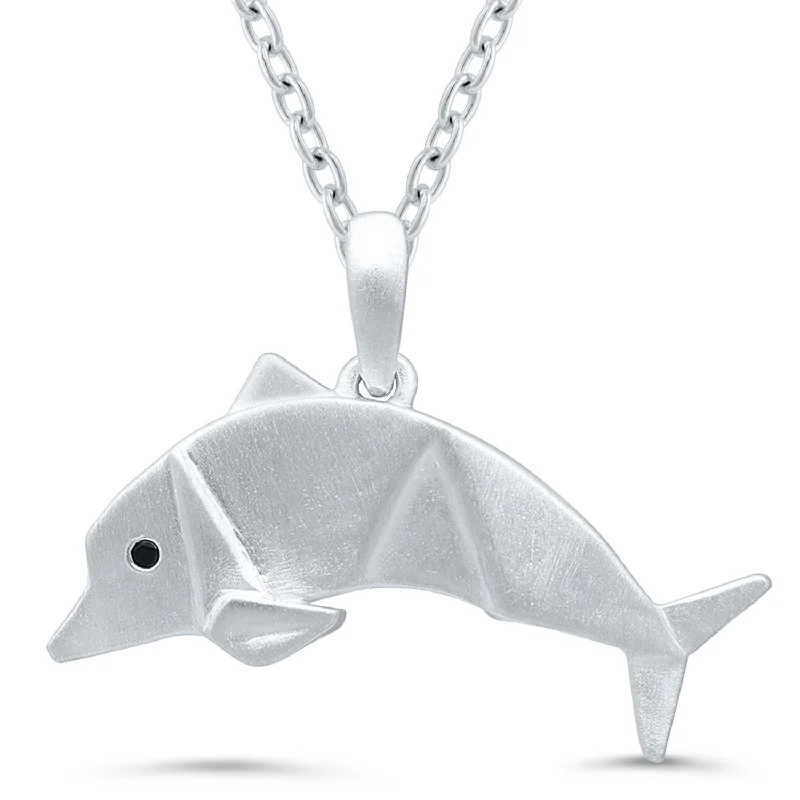 Unique necklace for women-Sterling Silver Black Diamond Origami Dolphin Necklace