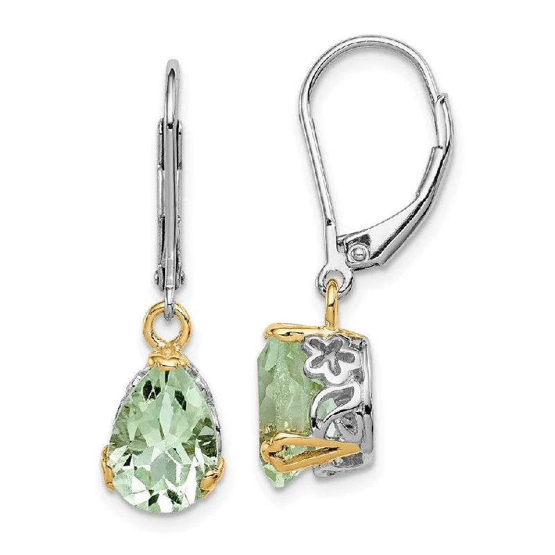 Gold dangling earrings for women-Sterling Silver & 14K Rhodium-plated Green Quartz Leverback Earrings