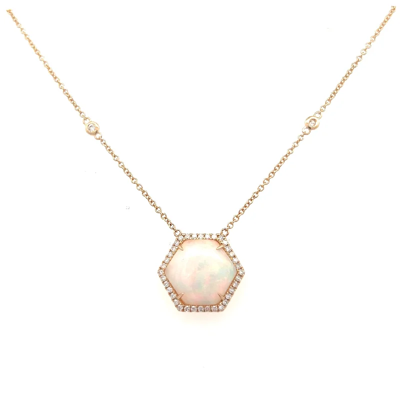 Minimal gold necklace for women-14K Yellow Gold 4.69ctw Hexagon Opal & Diamond Halo Necklace