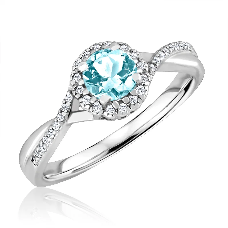 White gold engagement rings for women-Aquamarine and Diamond Halo March Birthstone Ring in Sterling Silver