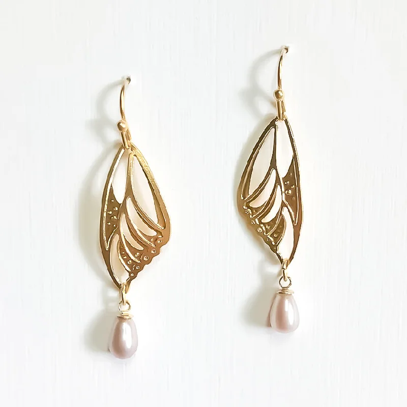 Simple earrings for women-Butterfly Wing - Pearl Earrings