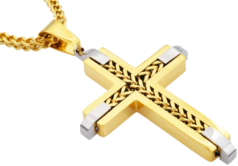 Fashionable necklace for women-Mens Gold Stainless Steel Cross Pendant Necklace With Franco Link Chain Inlay