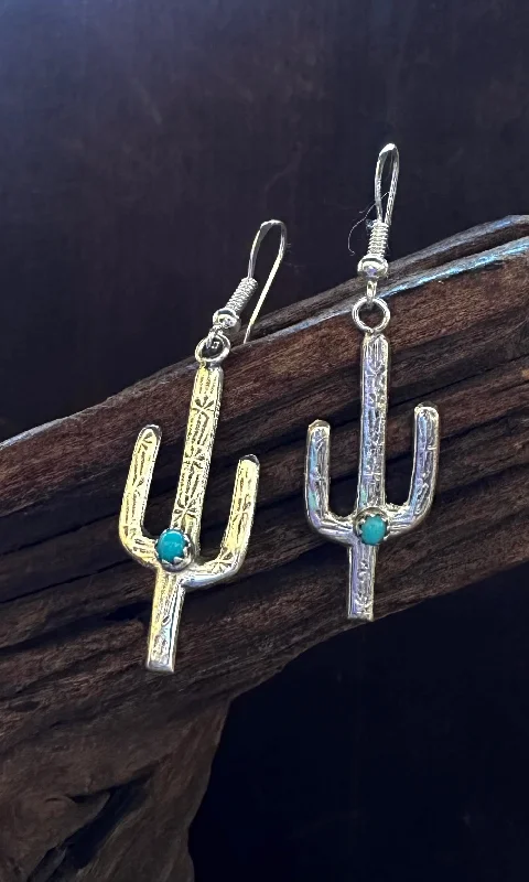 Luxury earrings for women-DESERT CACTI Navajo Made Silver and Turquoise Earrings