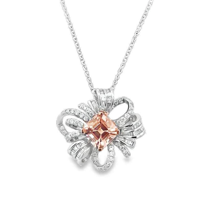 Classic necklace for women-Vintage Inspired Morganite and Diamond Pendant in White Gold