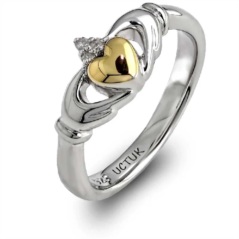 Simple gold engagement rings for women-Diamond Ladies Silver and 14K Gold mix Claddagh Ring ULS-6169