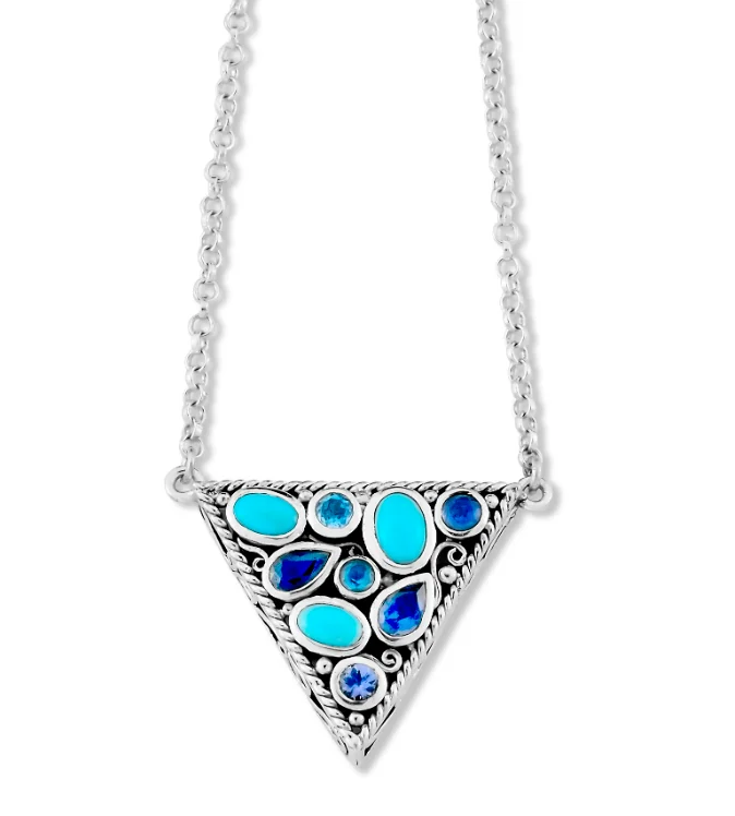 Romantic necklace for women-Sterling Silver Blue Gemstone Triangle Pendant Necklace by Samuel B.