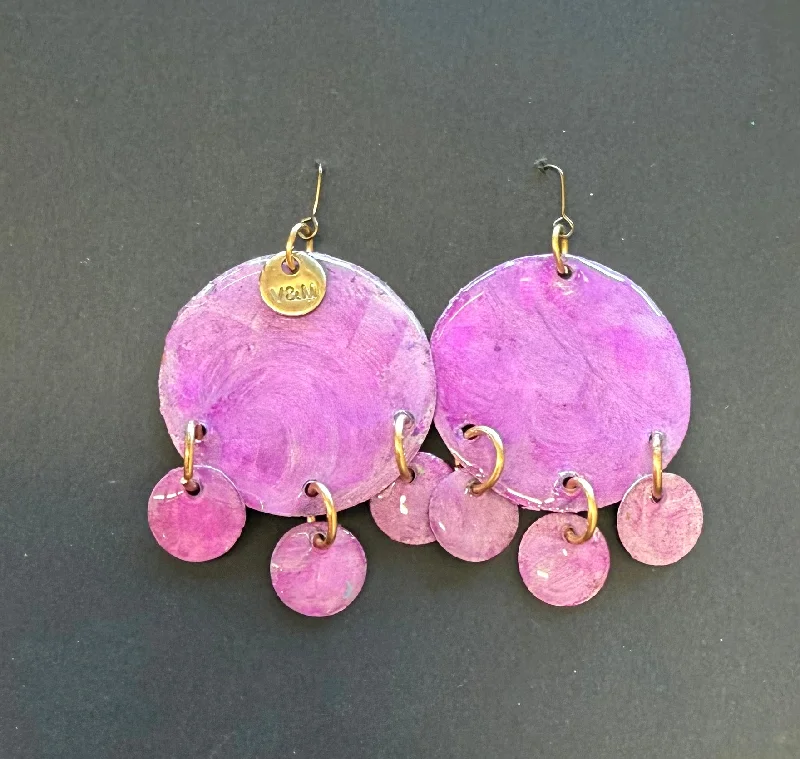 Silver hoop earrings for women-Dichroic purple 3 circles