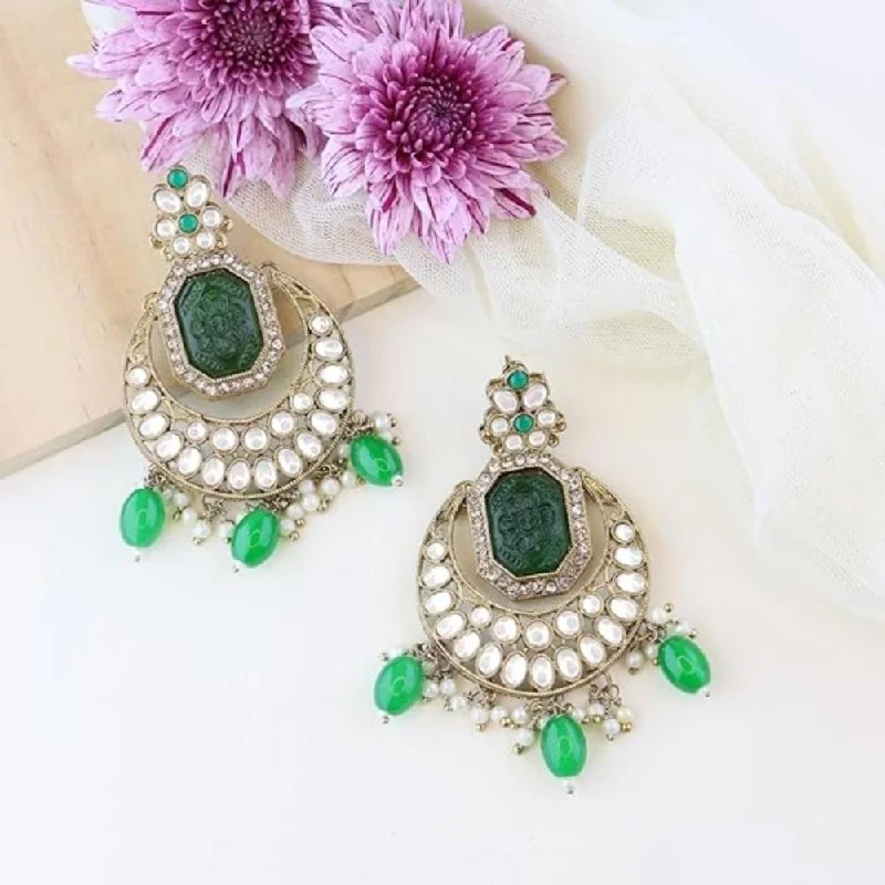 Silver earrings for women-Etnico Gold Plated Traditional Kundan Pearl Stone Chandbali Earrings For Women/Girls (Green)