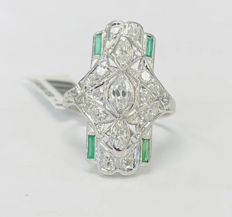 Wedding engagement rings for women-Art Deco Vintage Marquise Diamond And Emerald Ring