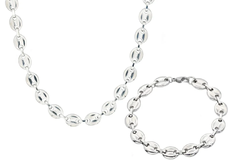 Choker chain necklace for women-Mens Stainless Steel Puff Mariner Link Chain Set