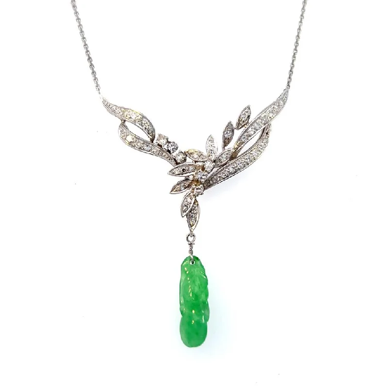 Elegant pendant necklace for women-Estate 14K White Gold Carved Jadeite & Diamond Drop Necklace