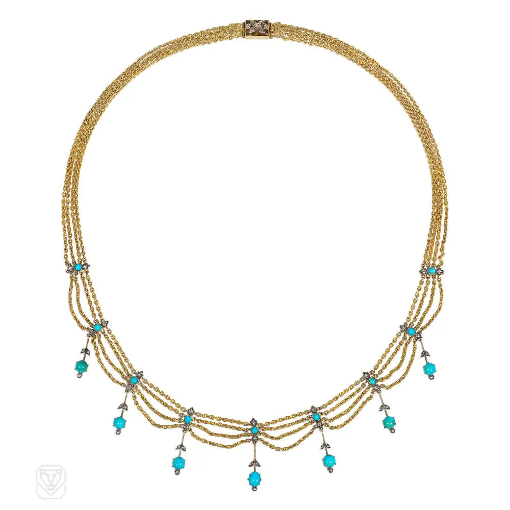 Custom name necklace for women-Antique gold, turquoise and diamond festoon necklace