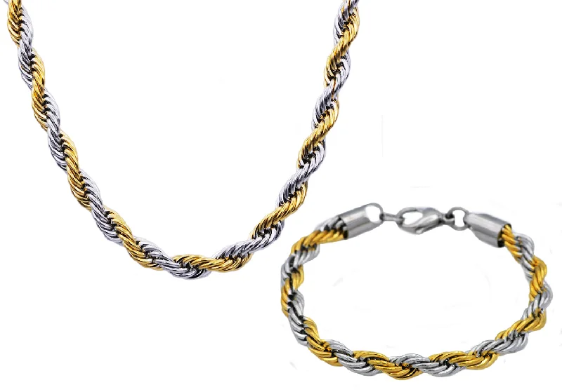 Vintage necklace for women-Mens Two Tone Gold Plated Stainless Steel Rope Link Chain Set