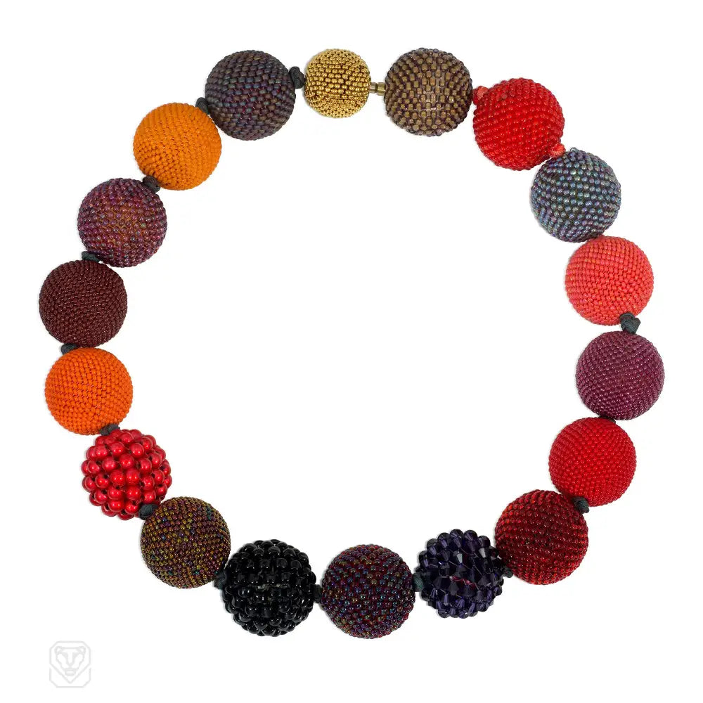 Luxury necklace for women-A multi-colored beaded ball necklace comprising 18 spheres w...