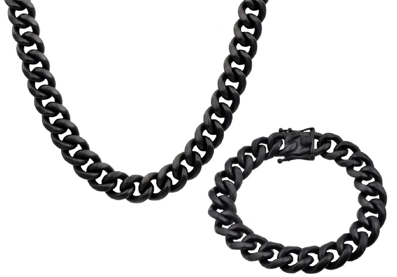 Fashionable necklace for women-Mens 14mm Matte Black Plated Stainless Steel Miami Cuban Link Chain With Box Clasp Set