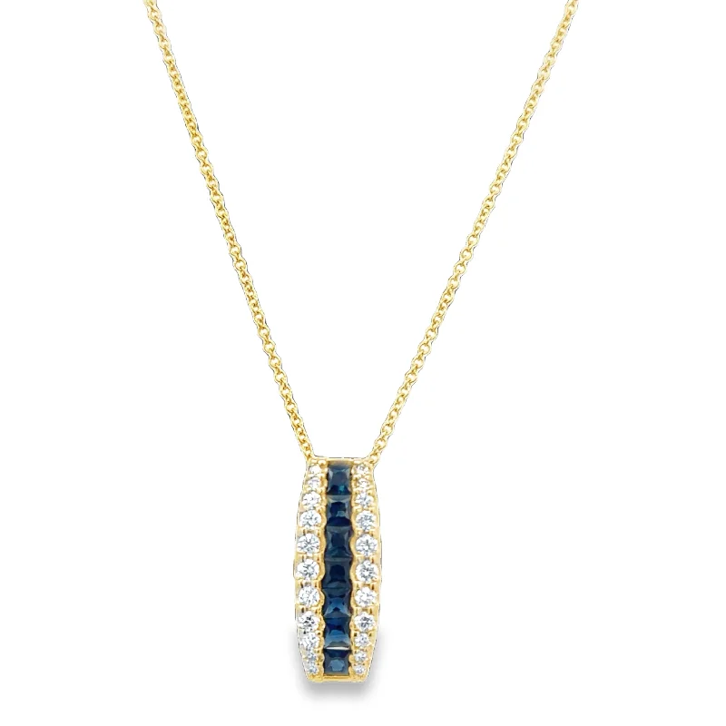 Luxury pearl necklace for women-Curved Sapphire and Diamond Pendant in Yellow Gold