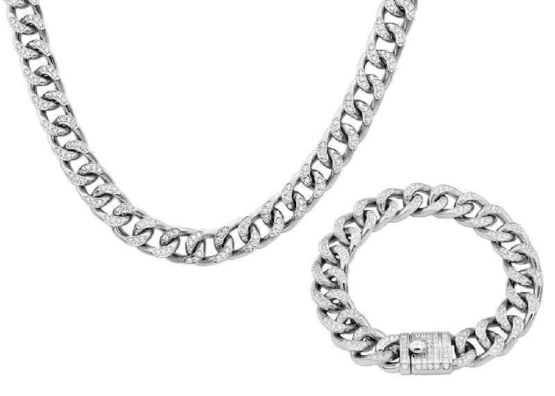 Custom gold necklace for women-Mens Stainless Steel Curb Link Chain Set With Cubic Zirconia