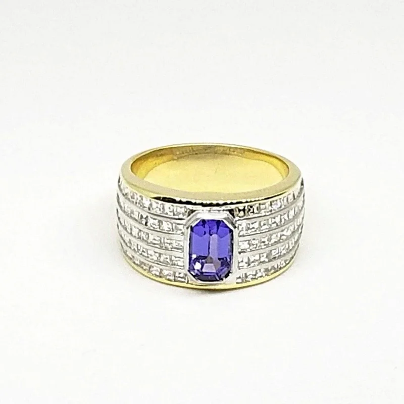 Engagement rings with rubies for women-Yellow Gold Tanzanite and 100 Diamonds ring