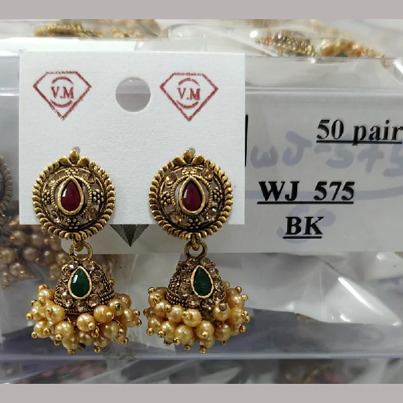 Fashionable earrings for women-VM Imitation Gold Plated Austrian Stone And Pearls Jhumki Earrings