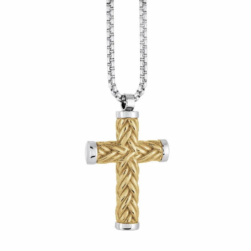 Long gold necklace for women-Stainless Steel & Yellow Gold Plated Men's Weave Design Cross Pendant Necklace