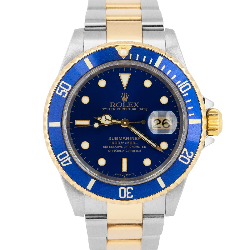 Vintage wristwatches-MINT PAPERS Rolex Submariner Date 40mm NO-HOLESS 18K GOLD BUCKLE Blue 16613 BOX