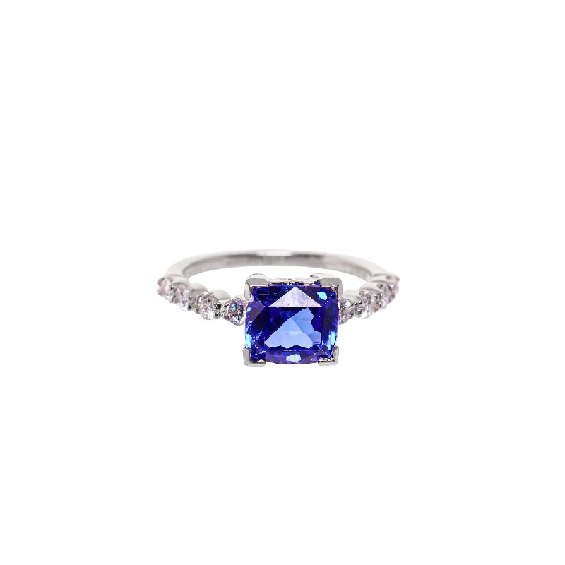 Diamond engagement rings with bands for women-White Gold Cushion Cut Tanzanite and Diamonds Ring