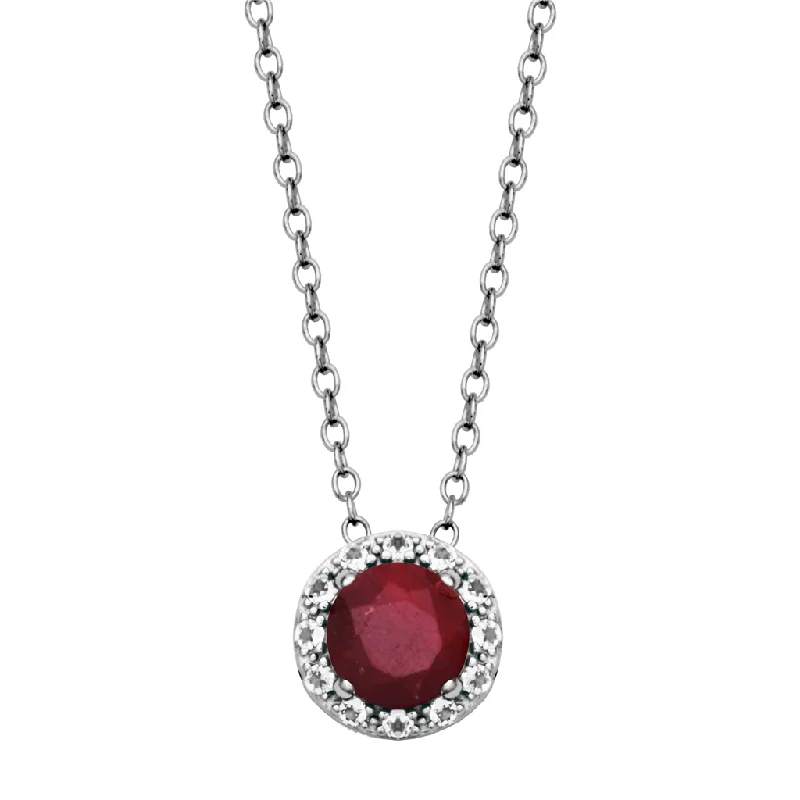 Diamond heart necklace for women-Sterling Silver Dyed Red Corundum & White Topaz Halo Necklace by Samuel B.