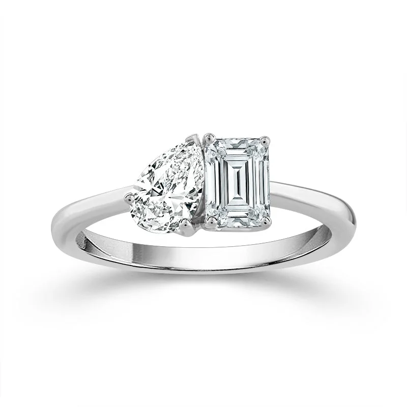 Minimalist engagement rings for women-1 1/4 Ctw Pear and Emerald Cut Lab Grown Diamond Toi Et Moi Ring