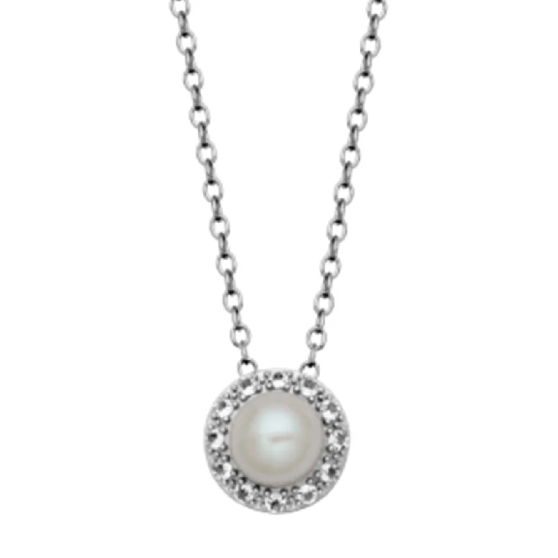 Sapphire necklace for women-Sterling Silver Pearl & White Topaz Halo Necklace by Samuel B.