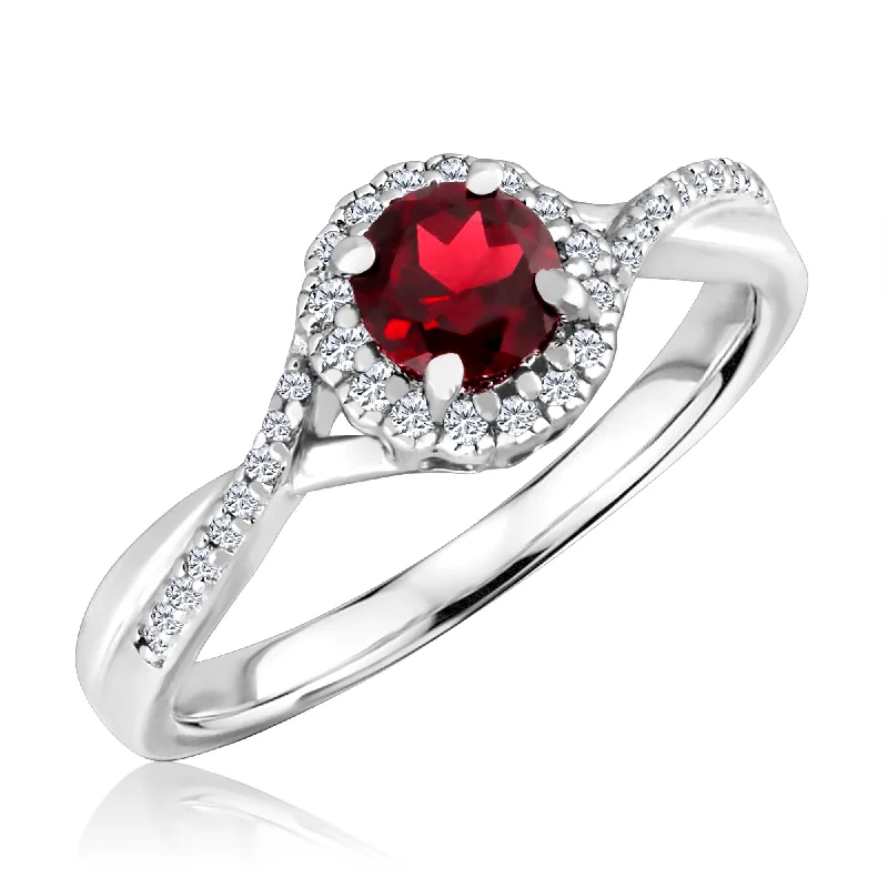 Art deco engagement rings for women-Garnet and Diamond Halo January Birthstone Ring in Sterling Silver